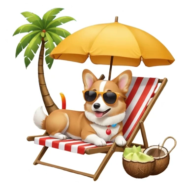 a corgi dog laied on a beach chair, a sunny beach, a sun umbrella, and beach coconut trees. the icon should capture the essence of a relaxing beach vacation with a carefree atmosphere sticker