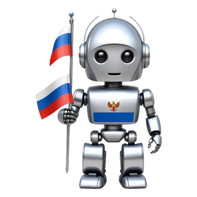 Futuristic Putin-like robot holding a small Russian flag sticker
