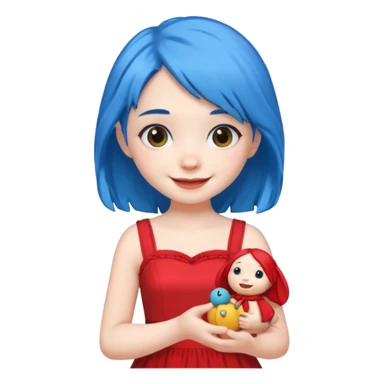 blue haired red wearing girl with small toy sticker
