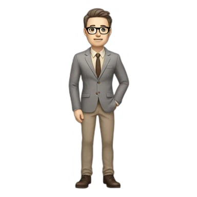 Full height Gesticulating Pale skinned fit man with dark brown hair in gray jacket, beige office shirt, brown tie, brown pants and vintage glasses. sticker