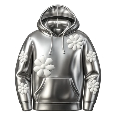 Make the hoodie in a chrome 3D metallic style, highly reflective, with the flowers remaining white. Remove the background. sticker