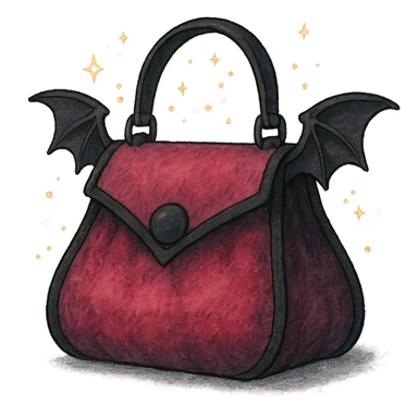 Pink and black gothic purse in Ghibli style, bat wing accents, velvet texture, magical aura, no background sticker