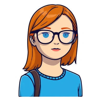 woman with pale skin, ginger straight hair, black glasses, blue eyes sticker