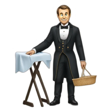 Emanuel macron dressed as a maitre d' ironing laundry sticker