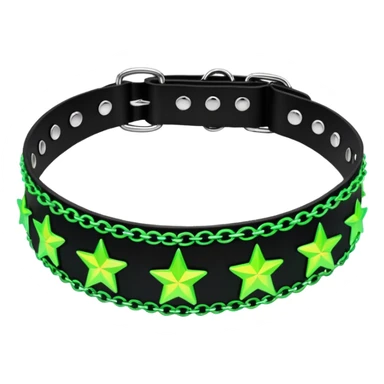 black iridescent thick plastic embroidered collar with neon-green stars and lime-green chains on it   sticker