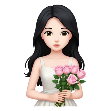 A beautiful girl with long black hair and a white dress is holding a bouquet of pink roses sticker