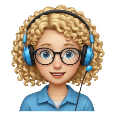 blond kid with unique face features and very curly hair kid girl happy and big glasess and big nose and very blue eyes with freckles kind of nerd looking and headphone wearing sticker