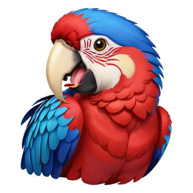 Cinematic Realistic Cute Yawning Macaw Portrait Emoji, Head tilted slightly with a dramatic, wide-open yawn, showcasing a soft, downy arrangement of vivid scarlet and blue feathers with gently drooping features and half-closed, drowsy eyes, rendered with lifelike feather detail and natural lighting, high shine, relaxed yet expressive, styled with a dash of tropical whimsy, soft glowing outline, capturing the essence of a sleepy yet affectionate macaw that appears ready to rest its wings in a quiet, enchanted moment! sticker