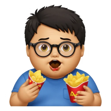 generate a pretty bratz boy with spectacles on, fat, tan. Black hair messy. eating chips sticker