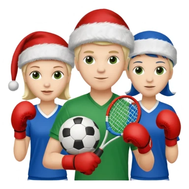 crie a imagem de 3 atletas de modalidades diferentes, usando elementos esportivos, como por exemplo bola, raquete, luvas de luta... e usando um chápeu de papai noel das cores verde e azul. sticker