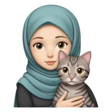 White girl wearing pretty hijab holding a black grey tabby cat sticker