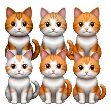 6 cats with different coloured coats, 2 are grey and white, 1 is grey with a little white, 1 calico, 1 brown tabby and white and one ginger and white sticker