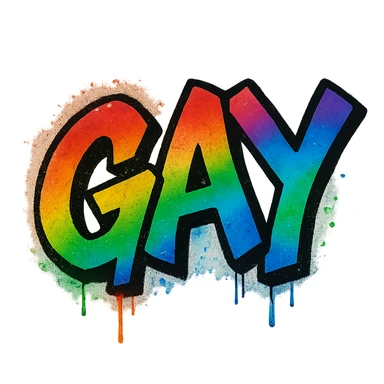 the word GAY in a graffiti style with rainbow spray paint sticker