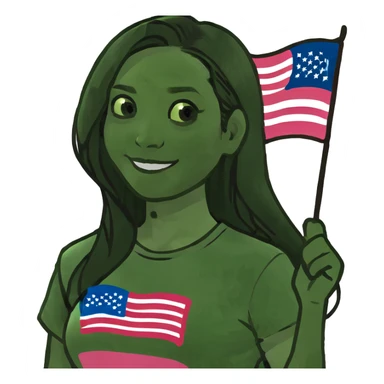 Asian woman smiling, black hair, long hair, dark eyes, pink tshirt, cute face, holding an American flag  sticker