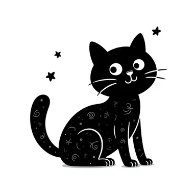hand drawn cat with stars and swirls, doodle style sticker