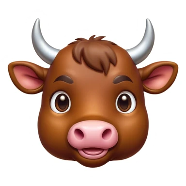Cinematic Cute Brown Bull Portrait Emoji, Head tilted playfully and inquisitively, featuring a glossy, robust brown hide with a natural sheen, round, sparkling dark eyes filled with gentle curiosity, Simplified yet irresistibly adorable features, highly detailed, glowing with a warm, friendly glow, high shine, affectionate and imposing, stylized with a touch of rugged charm, bright and endearing, soft glowing outline, capturing the essence of a mischievous yet loving bull, so playful it feels like it could stomp out of the screen and into your arms! sticker