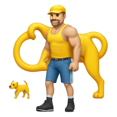 un hombre musculoso de piernas flacas , parado agarrando la correa de su perro pitbull amarillo  sticker