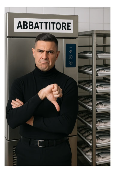 a man stands in front of a commercial fish blast freezer (abbattitore), arms crossed and a displeased, skeptical expression on his face. He shakes his head or gives a thumbs down, clearly rejecting the use of the freezer. The background shows a professional kitchen or fish processing area, with trays of fish ready for freezing. in italiano sticker