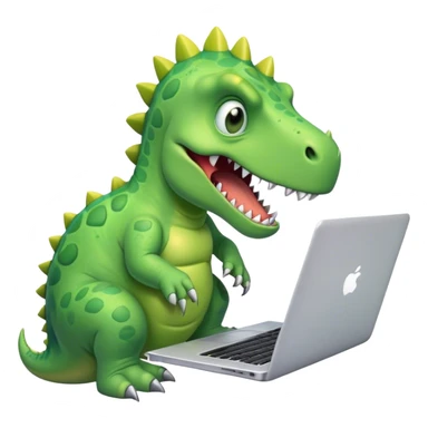 tired dinosaur with angry face working on laptop  sticker