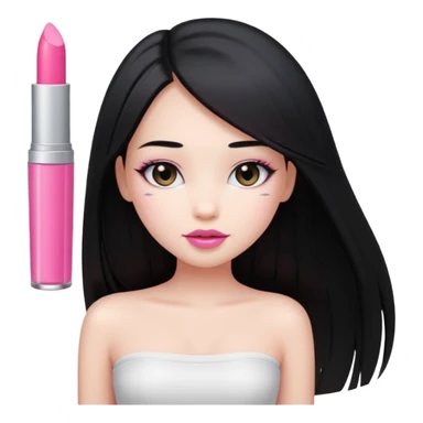 beautiful girl with long black straight hair to her waist, pink lipstick, soft glow, white tube top sticker