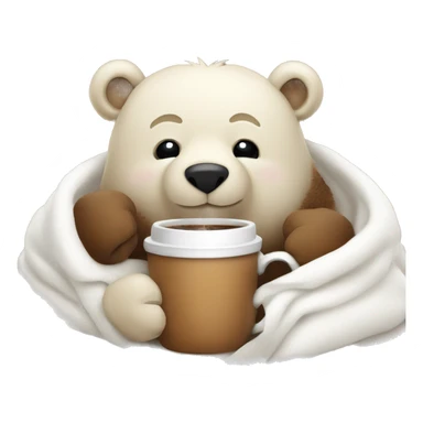 Bear cuddled in a white blanket holding steaming coffee in a mug sticker
