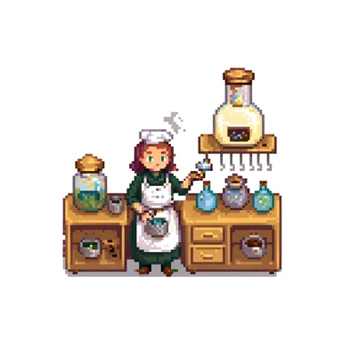 Ein magischer Bäcker mit gläsernen Kolben, dampfenden Mischungen und einem Ofen mit Messingverzierungen. Die UI hat Texturen wie altes Pergament, Rauchschwaden als Hover-Effekt, und Buttons wie Kristallknöpfe.
 sticker
