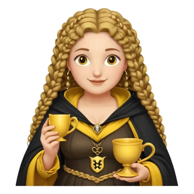 Helga Hufflepuff, 2 curly thick brown braids, yellow-black medieval dress, black cloak decorated with gold braiding, tiny two-handled shiny yellow-gold cup, very kind smile, curvy busty sweet woman, thick rosy cheeks sticker