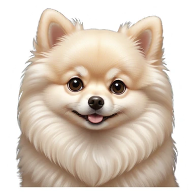 Cinematic Cute Cream Pomeranian Portrait Emoji, Head tilted playfully and inquisitively, featuring a luxurious, fluffy cream Fur with a natural sheen, round, sparkling dark eyes filled with curiosity, Simplified yet irresistibly adorable features, highly detailed, glowing with a warm, friendly glow, high shine, affectionate and lively, stylized with a touch of whimsy, bright and endearing, soft glowing outline, capturing the essence of a mischievous yet loving pup, so playful it feels like it could scamper out of the screen and into your arms! sticker