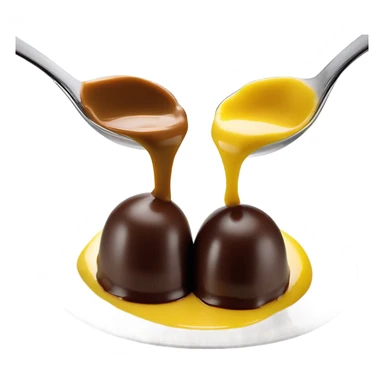 1 Chocolate quenelle and 1 vanilla quenelle on a fine dining glass plate with 3 small drops of yellow sauce as decoration sticker