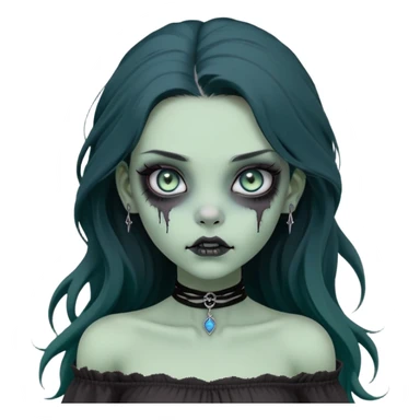 a soft, doll-like zombie girl with light sage green skin and big blue-green eyes, long black hair that swoops gently at the ends, a tiny silver nose stud and a delicate eyebrow piercing on the left side. she’s wearing an off-the-shoulder black top that shows her collarbones, sticker