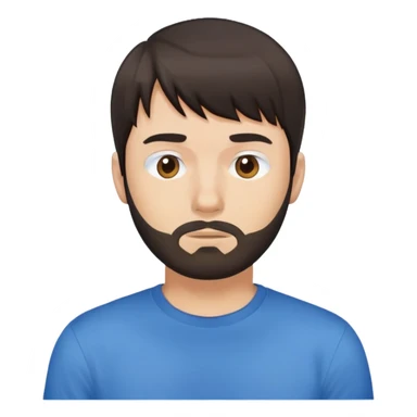 Man with dark brown straight hair and bangs, short beard covering whole face, neutral expression, basic blue t-shirt sticker