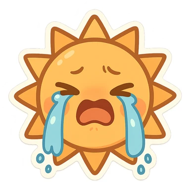 crying sun with expressive face, stylized, no background sticker