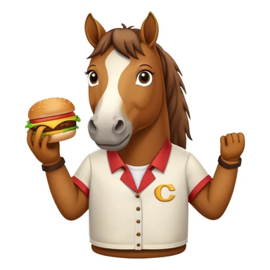 A horse holding a burger wearing a shirt that has a cc on it sticker
