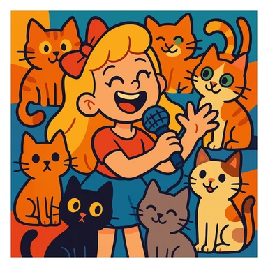 a cheerful blonde girl with many cats and a microphone, cartoon style, vibrant and colorful sticker