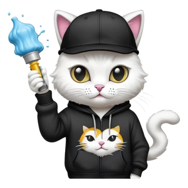 cat wearing a black snapback cap and black hoodie doing graffiti art with spray paint, street art style sticker