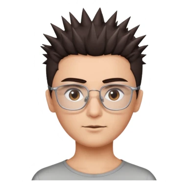 personagem com corte de cabelo espetadinho curto indo até o pescoço, cabelo castanho escuro, olho castanho escuro, sombrancelha castanho escuro, óculos sem aro prata quadrado. rosto fino sticker