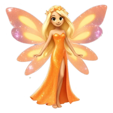 Stella adult latina fairy of nature in her enchantix fairy orange clothing and fairy enchantix wings and long blonde hair from winx club. Small eyes, Lots of sparkles and fairydust. Full body and full fairy bliss sticker