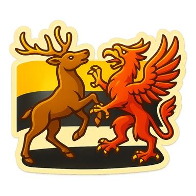 Create an emoji of the Baden-Württemberg coat of arms animal featuring a stag and griffin. The style should be less cartoonish and match the retro stickers style as seen in the first Berlin icon from the last batch. Use the Baden-Württemberg flag as the background. No text included. sticker