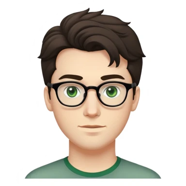 young man with pale skin, larger face, dark tall voluminous slightly wavy hair styled up high on head but not curly, wearing glasses with green eyes and very light stubble, with a slight smile sticker