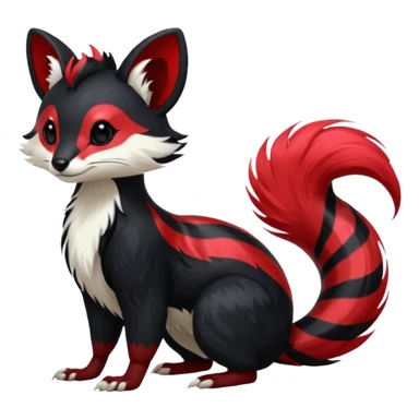 Feral Rare Fantasy shiny soft fuzzy furry vibrant tropical obsidian-black and crimson-red Vernid-Trico-species-creature by LiLaiRa, random markings, tufted tail, tufted ears, full body with markings with white skunk-tail-stripes sticker