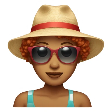 Woman with red hair, sunglasses, and a beach hat sticker