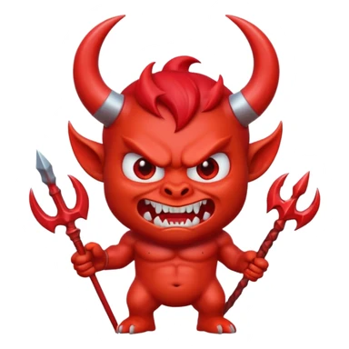 cute 3D red devil emoji, muscular cartoon devil, glossy skin, big curved horns, angry cute face, sharp teeth, holding trident, emoji style, soft lighting, smooth texture, clean background, high quality, digital art sticker