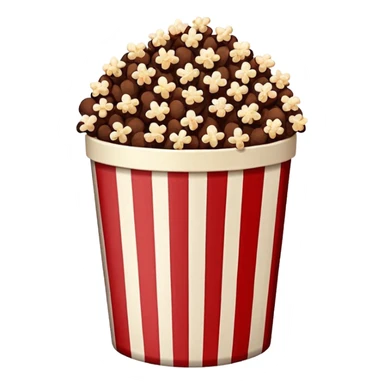 Chocolate brown popcorn in a paper jar with red and white vertical lines sticker