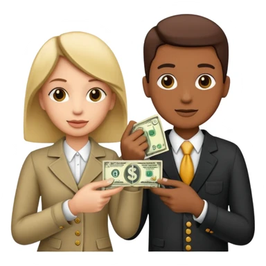 Two people exchanging money, with a dollar sign between them, symbolizing billing and financial transactions. sticker