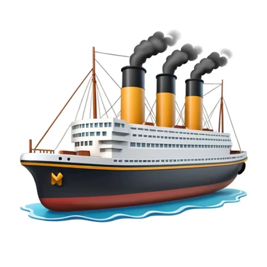 miniature 3D Titanic ship emoji in Apple style, small and compact with smooth glossy surface, bright clean colors, simplified but recognizable details like smokestacks and windows, no facial features, floating on calm ocean, soft shadows, high-quality render, isolated on white background sticker