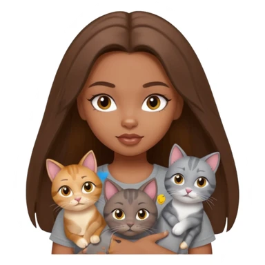 a pretty bratz dusky girl with long brown hair with four cats nd wearing a grey tshirt sticker