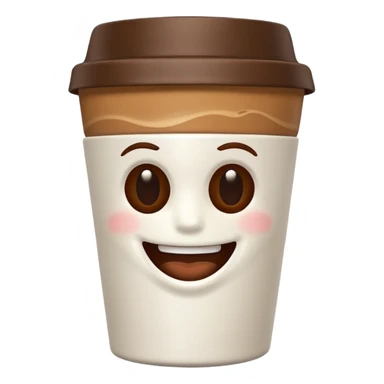 one all white coffee take away cup with coffee, no lid,  and a small brown smiling mouth in the middle front. No eyes, no cheeks, no nose, only a small smiling mouth sticker