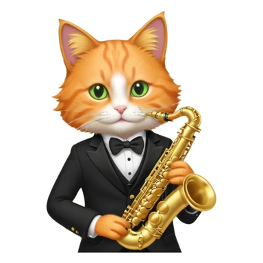 orange cat play gold saxophone, wear black suit sticker