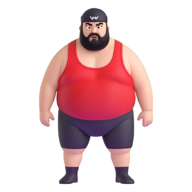 Extreme close-up of face of morbidly obese white skin guy with young face, prominent BLACK DURAG tied clearly on head, distinct black beard and mustache, black eyes in a red and black wrestling singlet with angry expression sticker