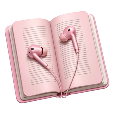  pink Pink Apple-style earbuds lying on an open book, soft pastel tones, cozy and minimal aesthetic, realistic lighting and shadows, top-down view, transparent background" sticker